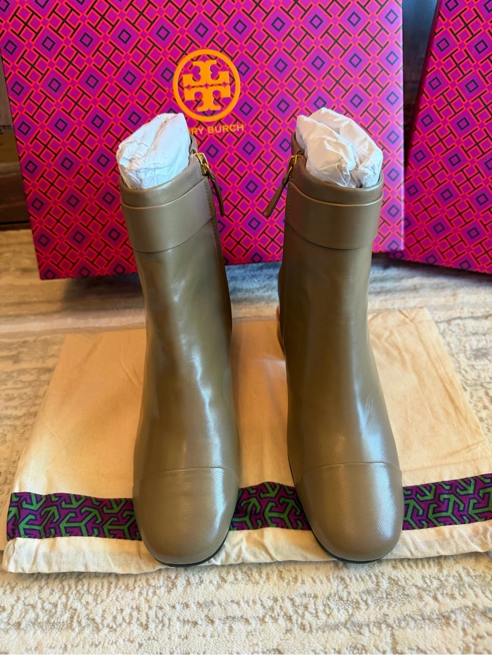 Tory Burch Multi Logo Ankle Booties with Gold Buckle